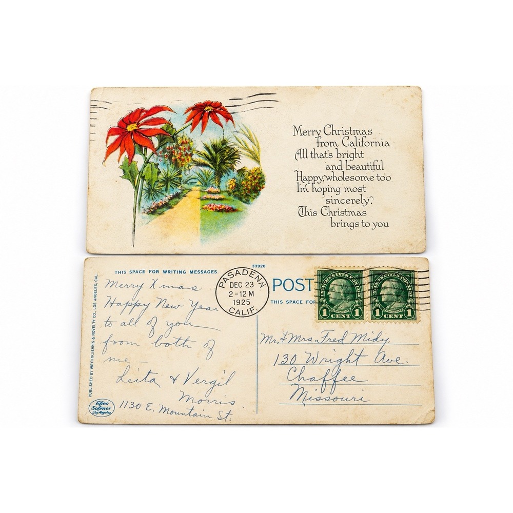 1925 Merry Christmas from California Postcard Pasadena to Chaffee MO Stamps